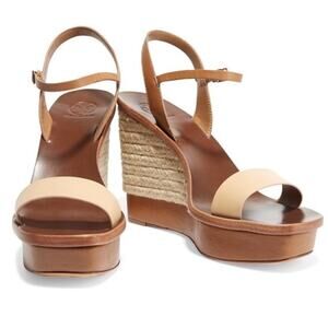 Tory Burch Malaga Wedge Tan Cream Leather Sandals
